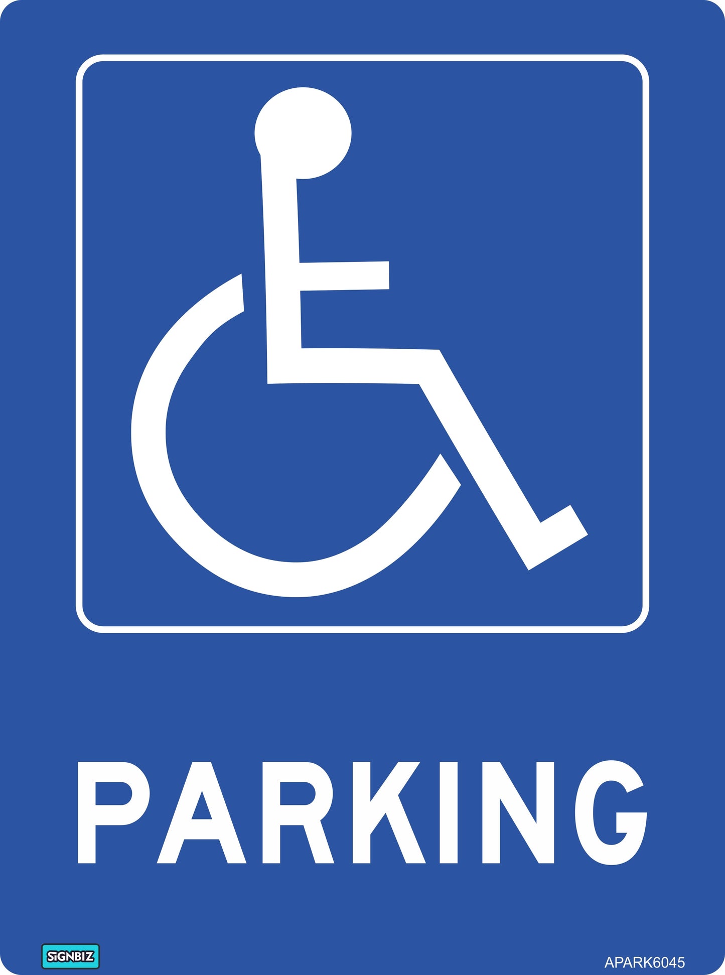 The "Accessible Disabled Parking" sign features a white wheelchair symbol and the word "PARKING" in bold white letters on blue, indicating accessible parking for people with disabilities. Meets Australian Standards for traffic signs.