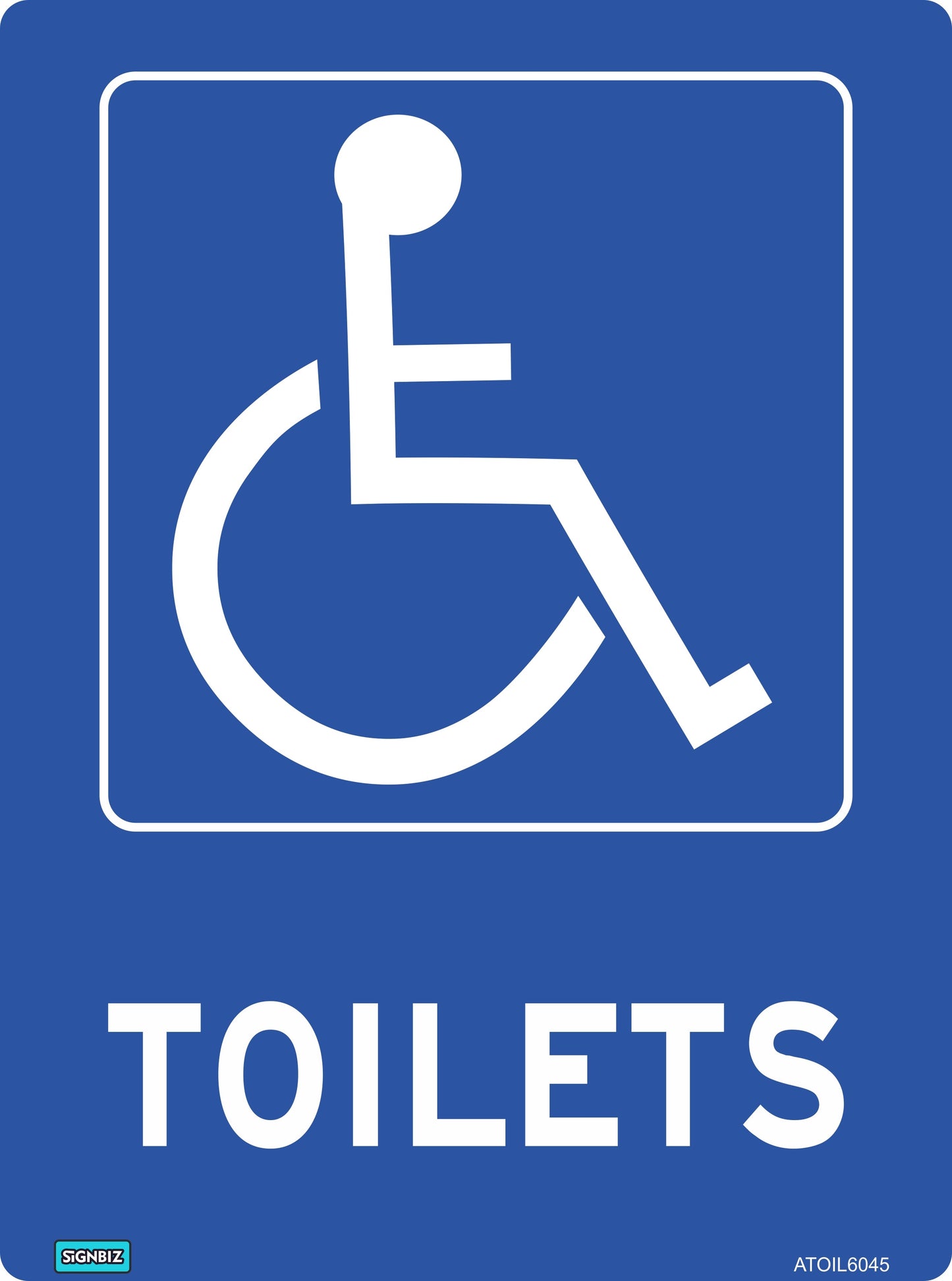 A blue Accessible Disabled Toilets sign with a white wheelchair symbol and "TOILETS" in bold, complies with Australian Standards to indicate accessible toilet facilities.