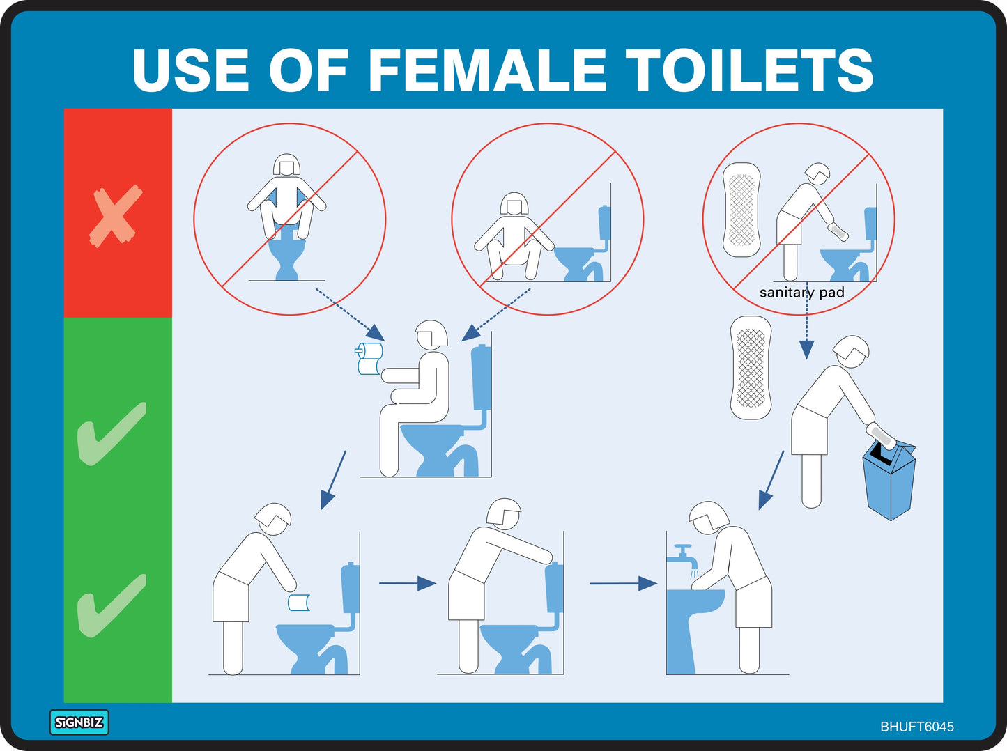 The "Bathroom How To Use The Female Toilet" sign shows proper female toilet use, sanitary pad disposal, and hand washing with clear diagrams—ideal for workplace safety and AS/NZS1319 compliance.