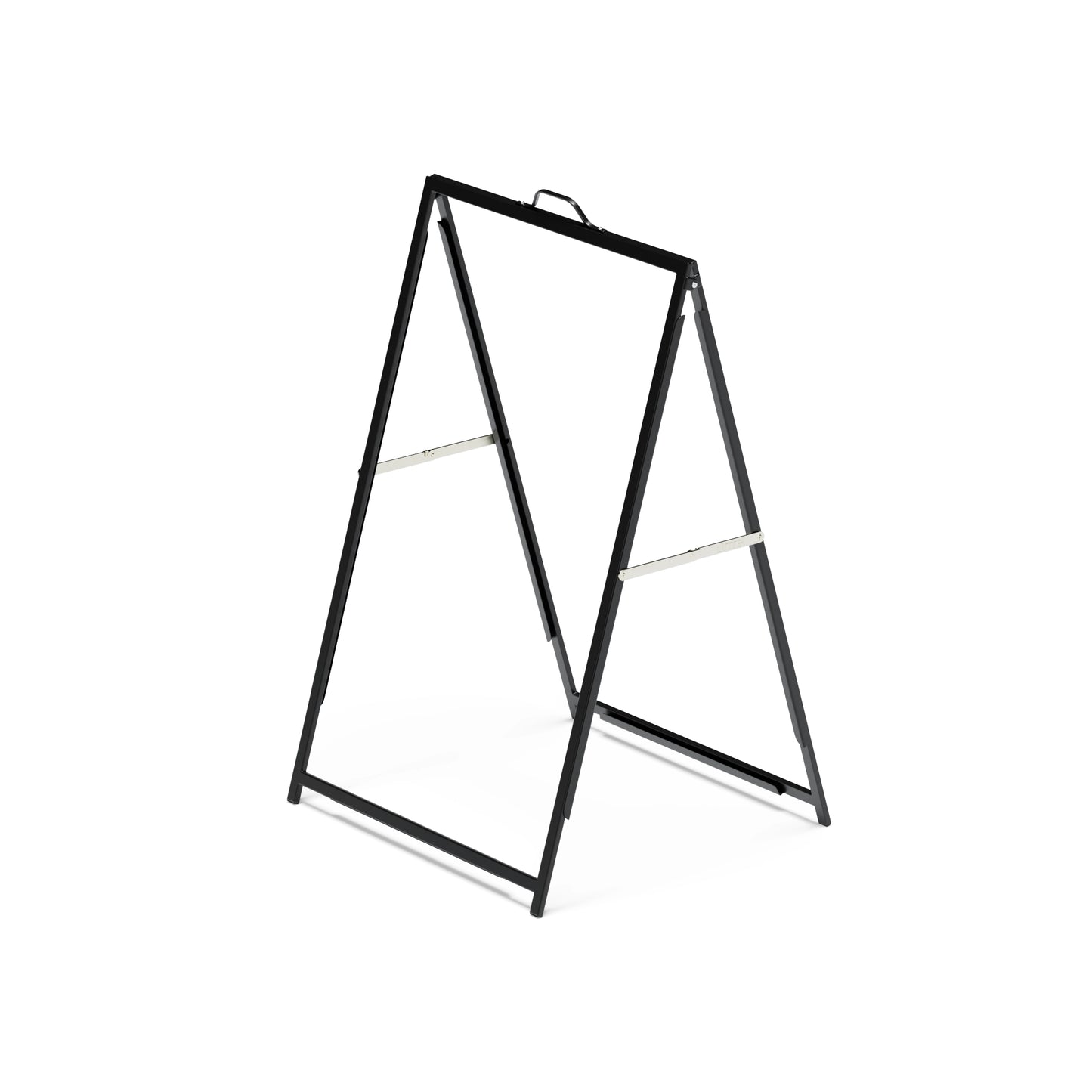 A 600x900 Corflute Insertable A-Frame - Frame Only in black metal with a top handle, shown empty against a white background. Support bars are visible, ready for double-sided signage inserts.