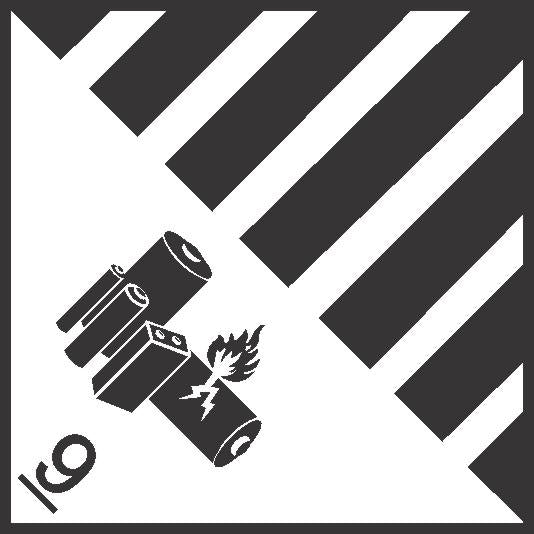 Black and white warning symbol for DANGEROUS GOODS LITHIUM BATTERY: shows batteries (one on fire), diagonal stripes, and the number 9 in the bottom left to indicate hazardous material.
