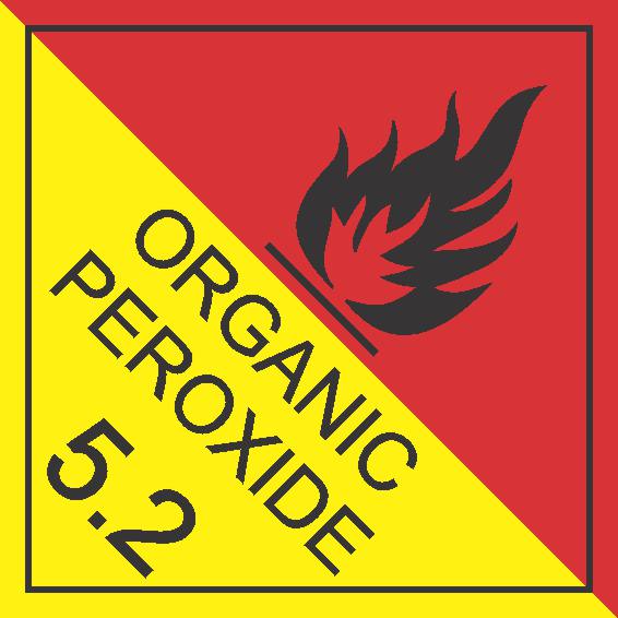A hazard label split diagonally red and yellow shows a black flame and "DANGEROUS GOODS ORGANIC 5.2," marking the substance as an organic peroxide with dangerous properties.