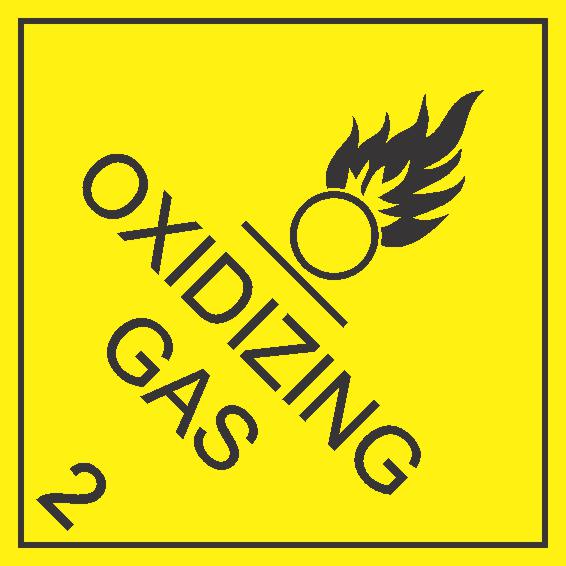 The DANGEROUS GOODS OXIDIZING GAS 2 sign is yellow with a black border, displays "OXIDIZING GAS" diagonally, the number 2 in the lower left corner, and features a flame over a circle symbol above the text.