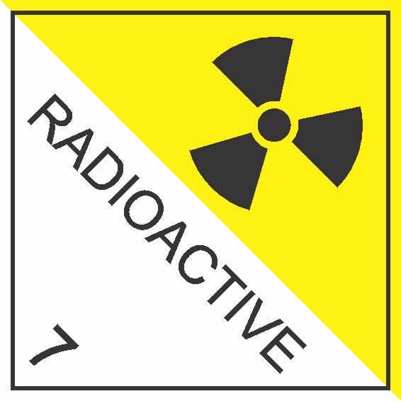 The DANGEROUS GOODS RADIOACTIVE 7 sign features yellow and white diagonal sections, a black radiation symbol, "RADIOACTIVE" in bold, and the number 7 in the bottom left corner.