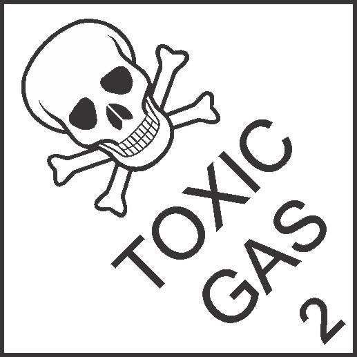 The DANGEROUS GOODS TOXIC GAS 2 sign is black and white, featuring a skull and crossbones above the words "TOXIC GAS 2" to warn of hazardous or poisonous gases.