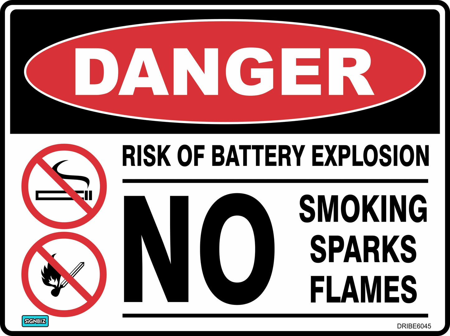 The "Danger Risk Of Battery Explosion" sign reads "DANGER RISK OF BATTERY EXPLOSION NO SMOKING SPARKS FLAMES" and features prohibition symbols for smoking and open flames on the left.