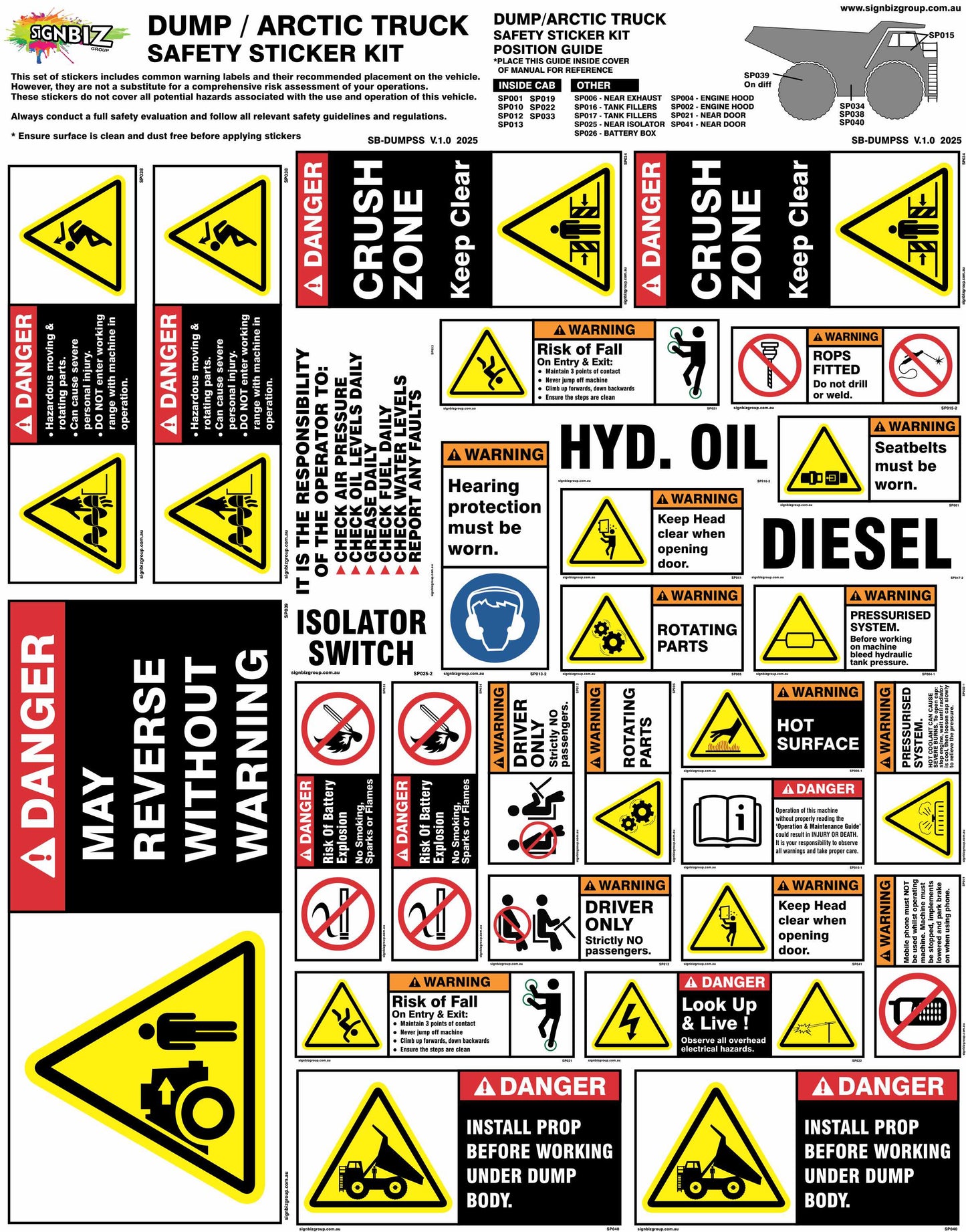 The Sticker Kit - Dump Truck includes warning labels and safety decals for Arctic trucks, with markings for crush zones, reversing hazards, hydraulic oil, diesel, isolator switches, and general caution—all on a bold sticker sheet.