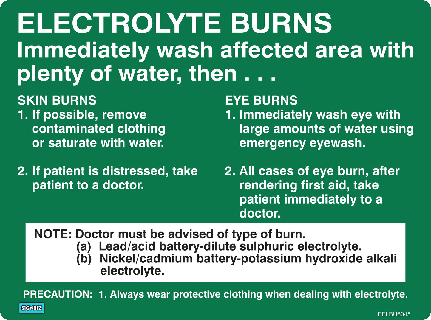 The Emergency Electrolyte Burns sign provides steps for treating electrolyte burns, with separate rinsing methods for skin and eye burns, a reminder to notify a doctor, and key safety advice near emergency equipment.