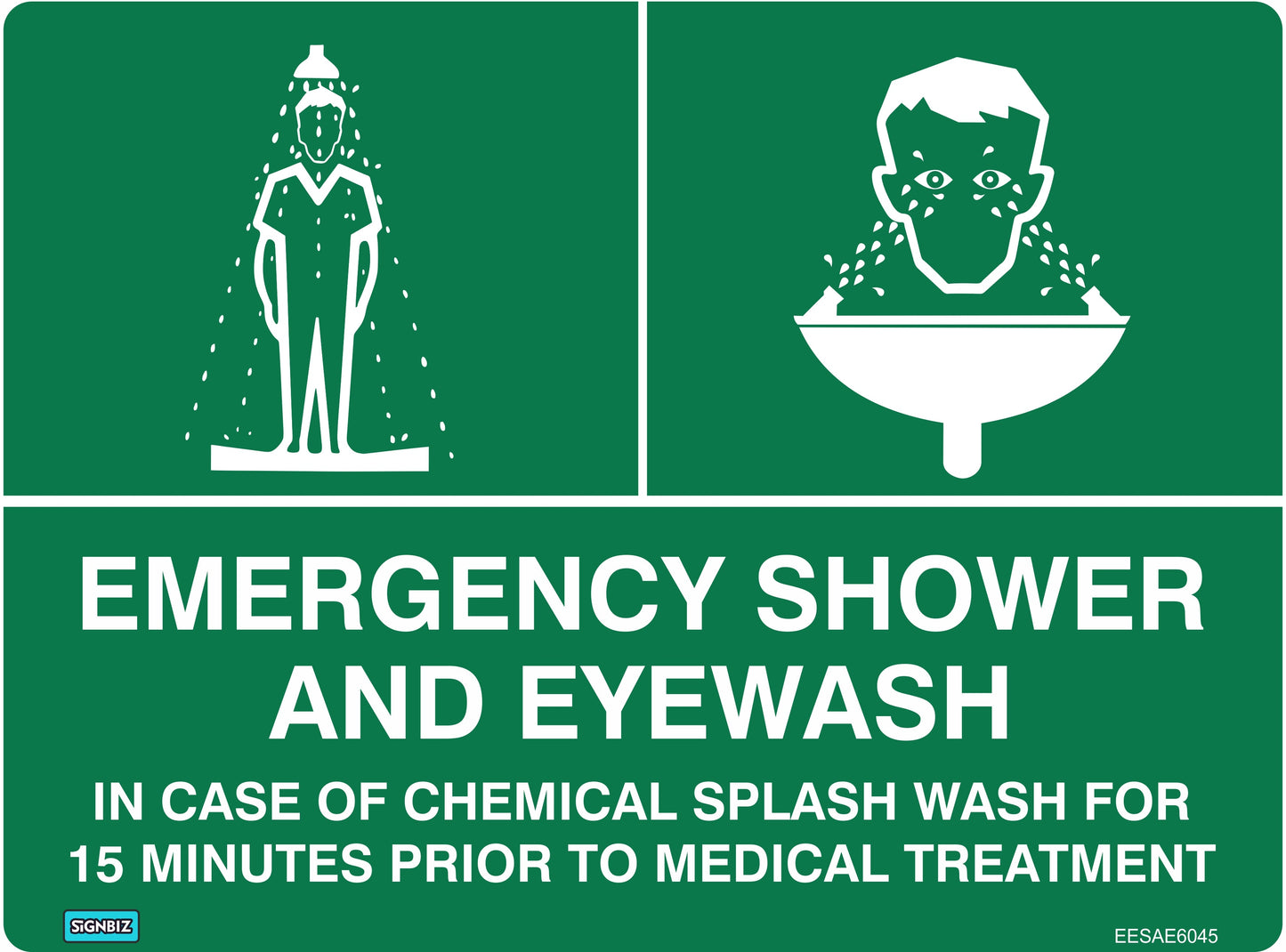 Emergency Shower & Eyewash Sign in green and white with images showing use of safety shower and eyewash. Text: "Emergency shower and eyewash. In case of chemical splash, wash for 15 minutes before medical treatment.