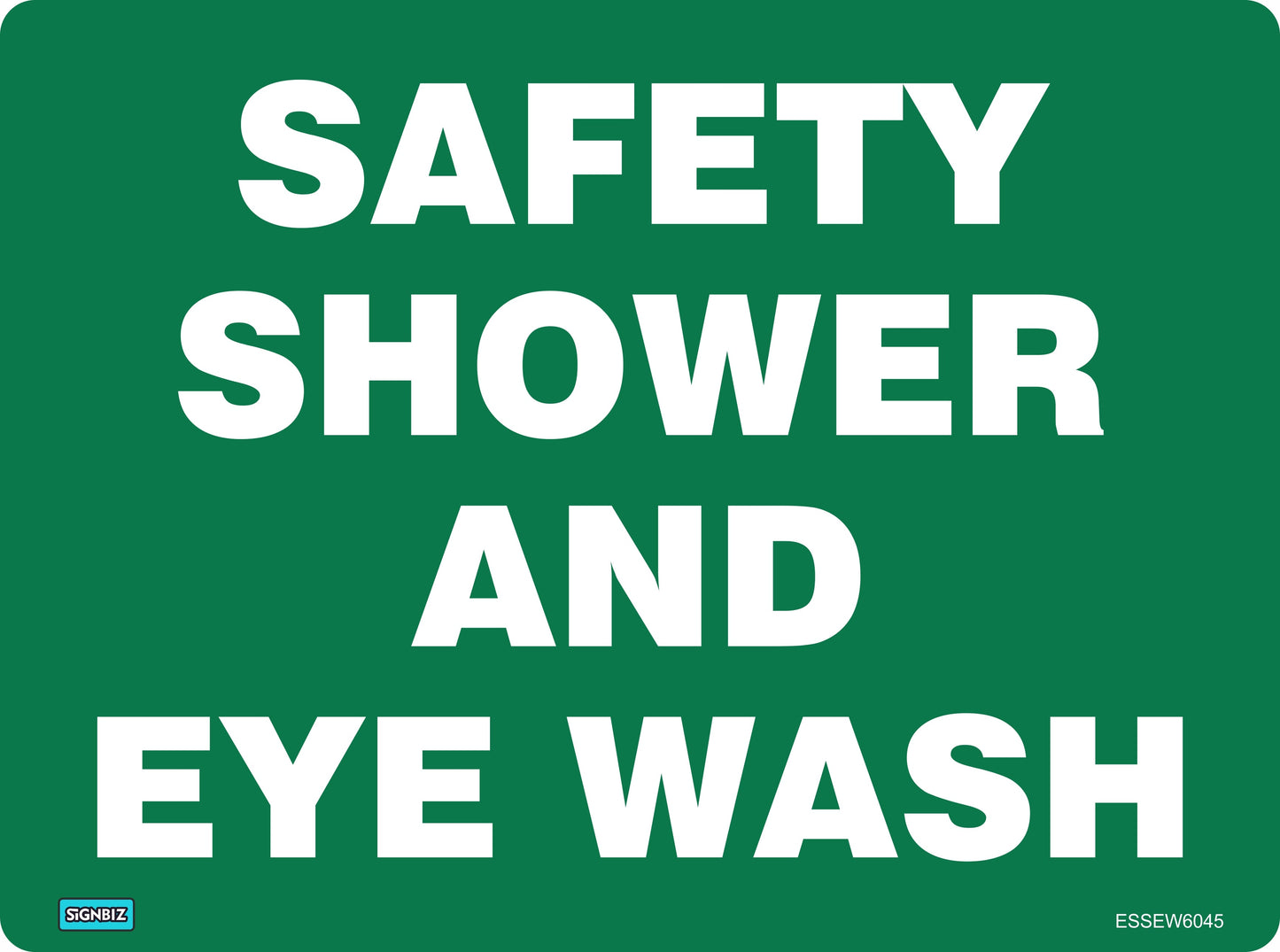 A green Emergency Safety Shower & E/W sign with bold white text marks first aid facilities. A small label appears at the bottom left and a code at the bottom right, as is typical for Emergency Information Signs.