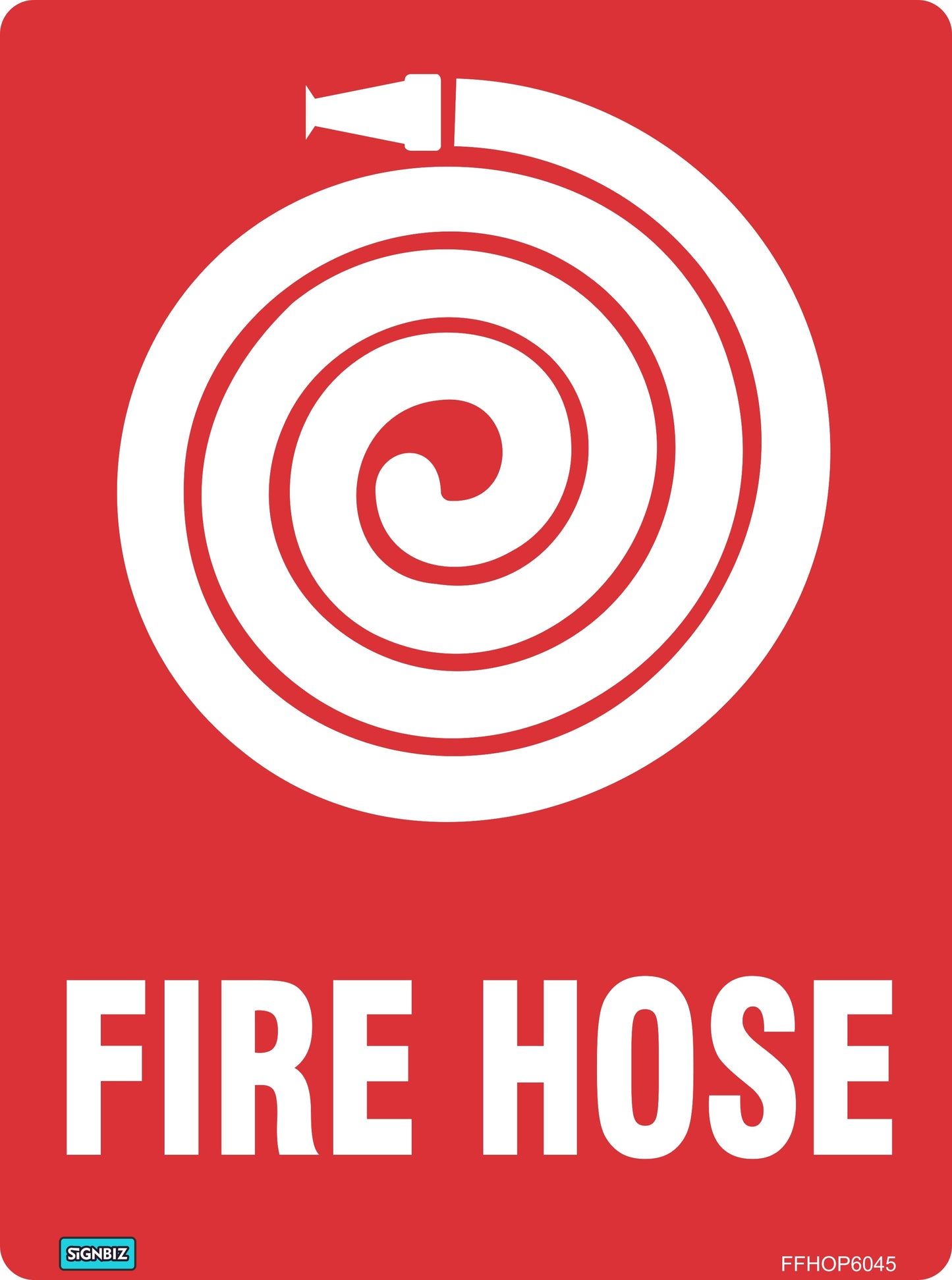 The Fire Hose With Picture sign features a red background, a white icon of a coiled hose with nozzle, and bold "FIRE HOSE" text. It meets AS/NZS1319 standards for clear emergency identification.