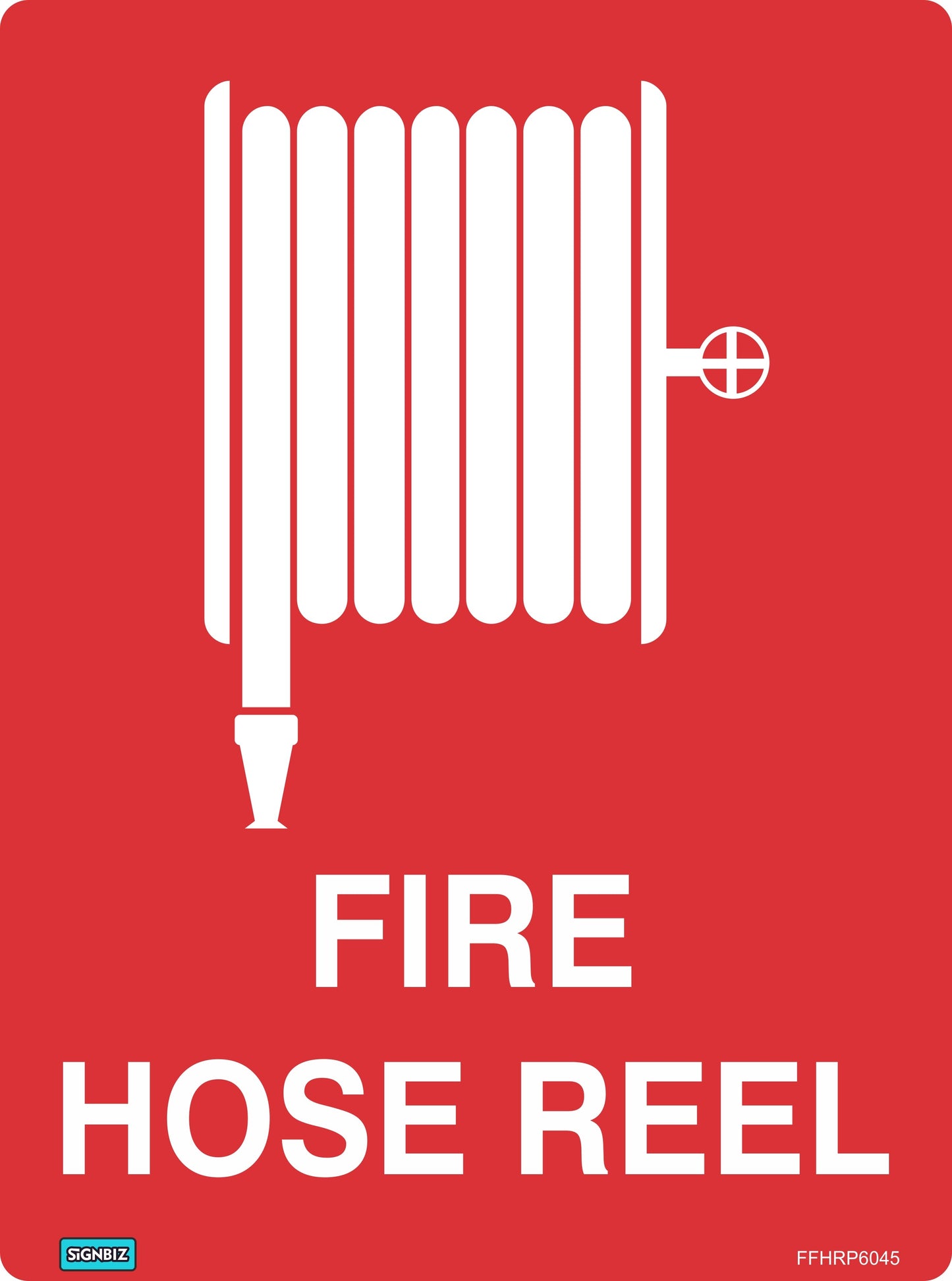 The Fire Hose Reel With Picture is a red sign showing a white coiled fire hose reel and nozzle above "FIRE HOSE REEL" in bold capitals, compliant with AS/NZS1319 standards.