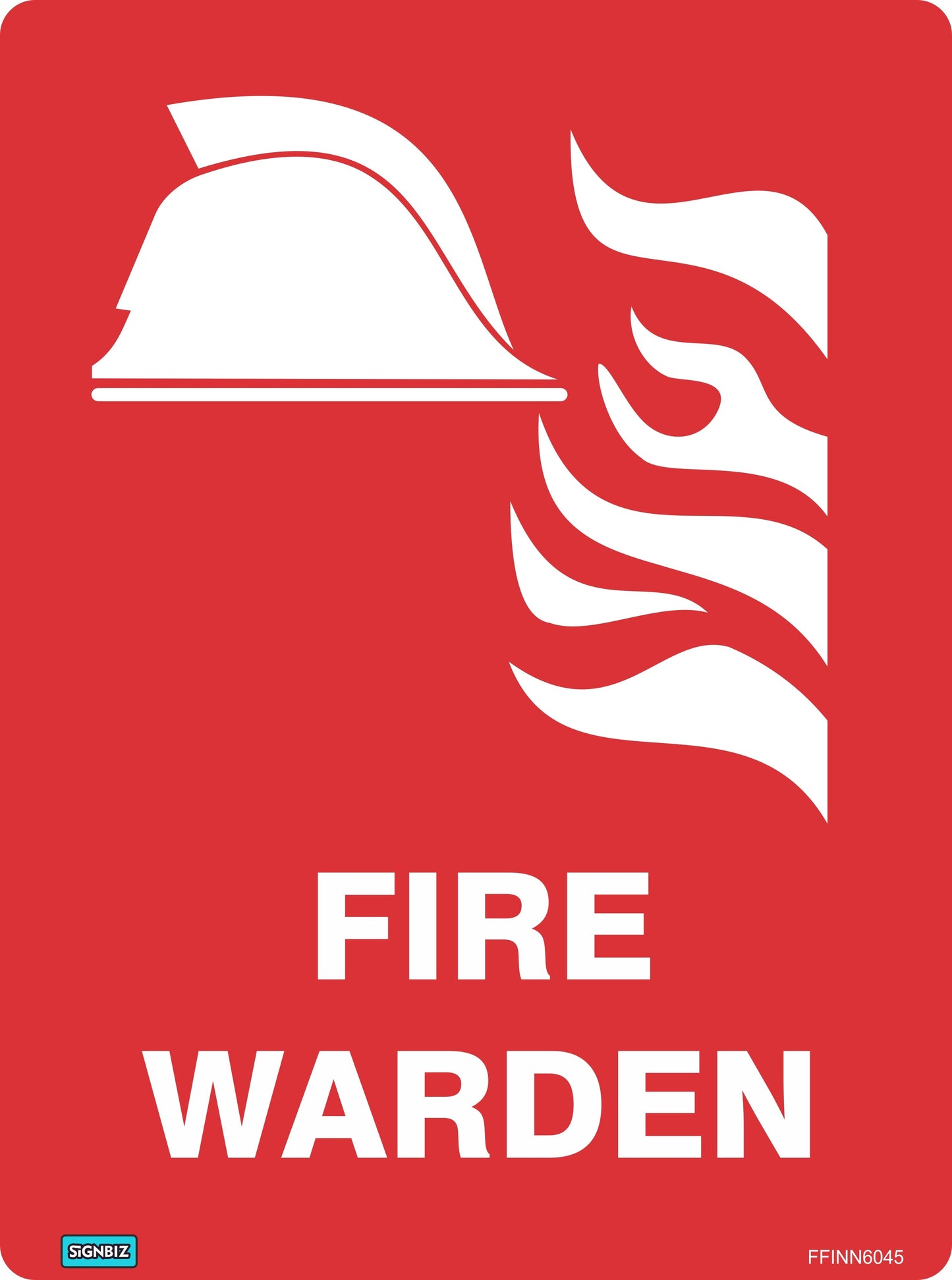 A red Fire Warden sign with a white helmet and flames icon, designed to AS/NZS1319 standards for clear workplace safety and effective fire signage.