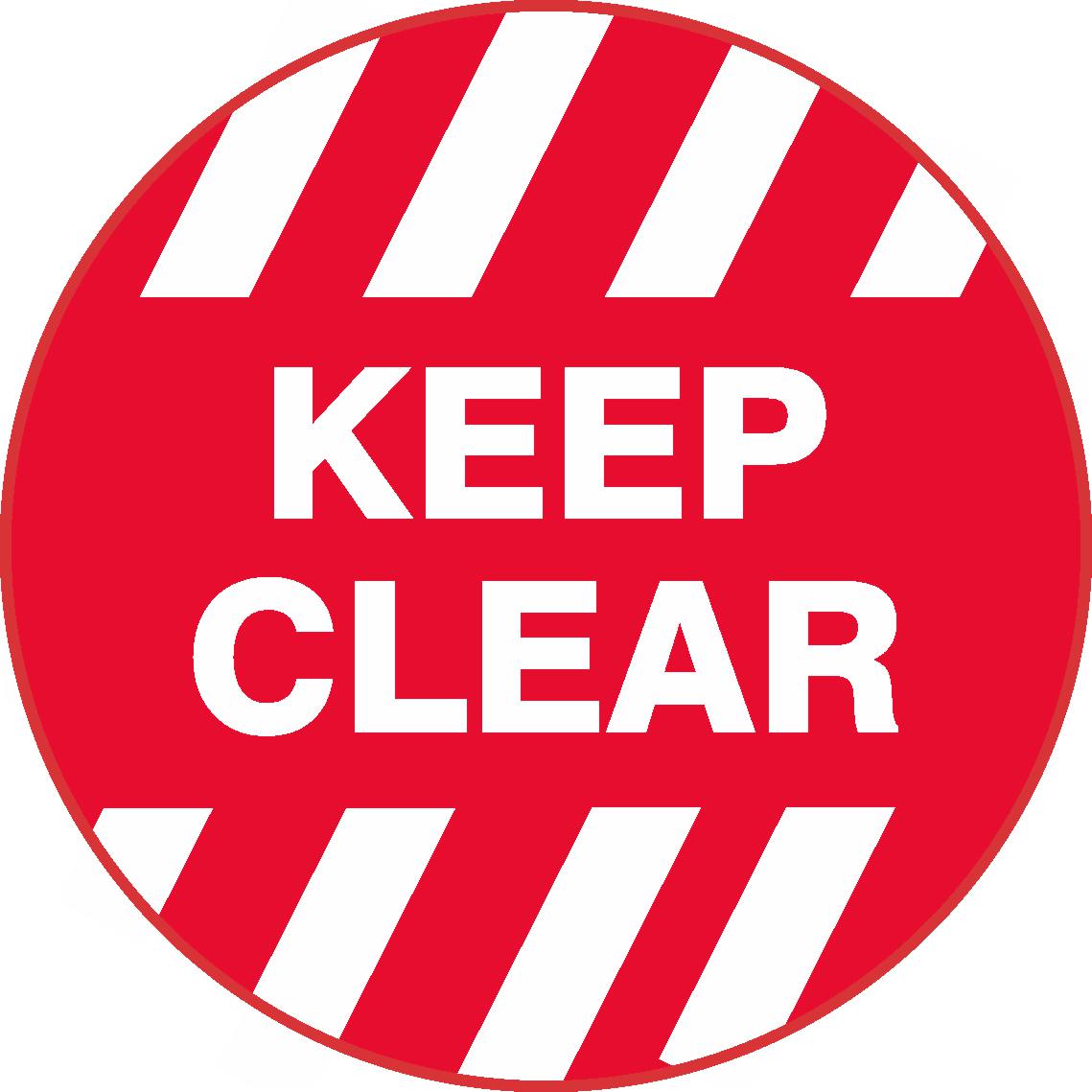 A red circular VINYL FLOOR GRAPHIC with white diagonal stripes and bold white "KEEP CLEAR" text in the center.