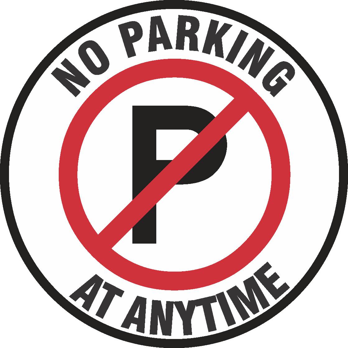 The VINYL FLOOR GRAPHIC NO PARKING AT ANY TIME displays a black "P" crossed by a red diagonal line, encircled by “NO PARKING AT ANY TIME,” and meets Australian Standards for parking signs.