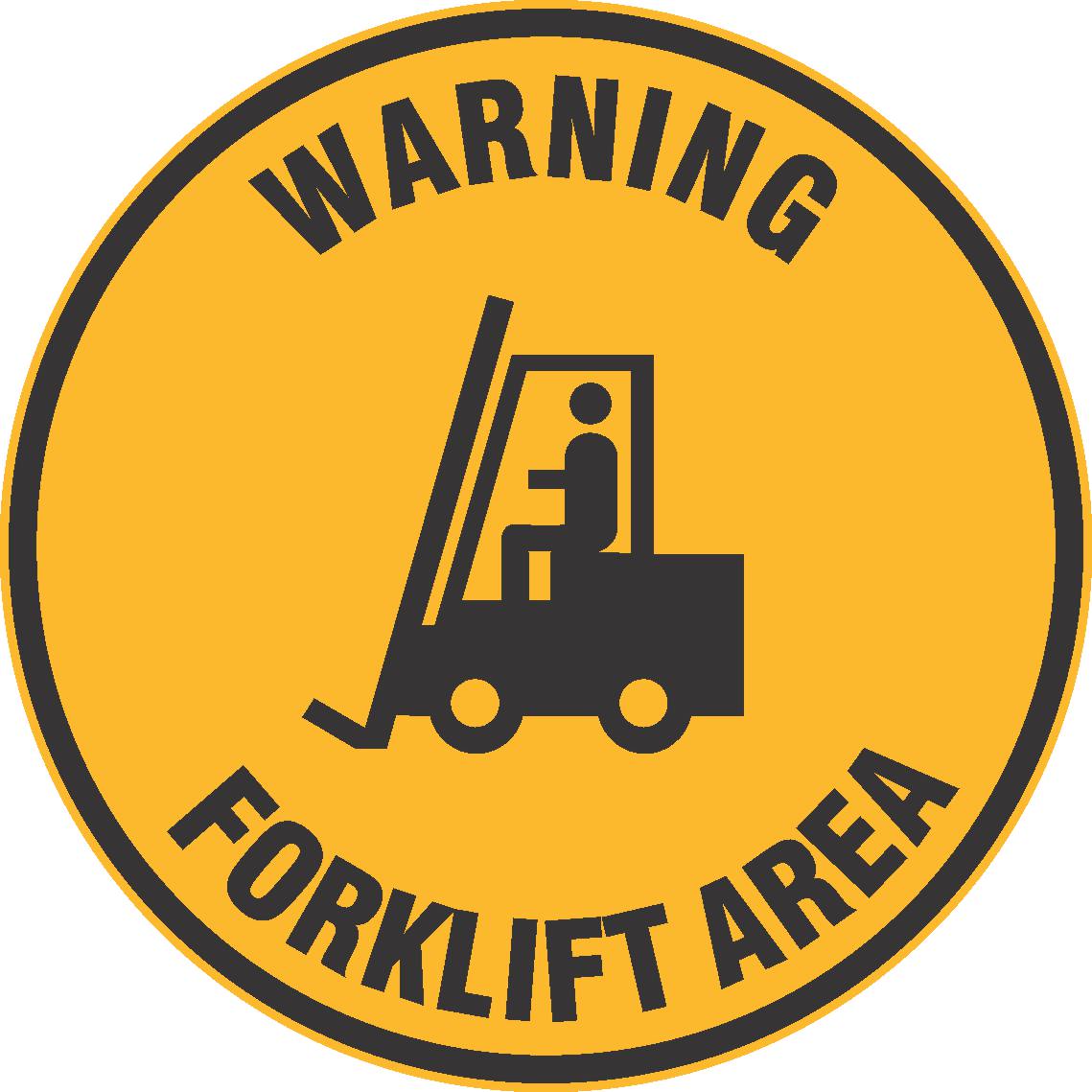 The VINYL FLOOR GRAPHIC WARNING FORKLIFT AREA is a yellow circular safety sign with black text and a forklift graphic, designed to alert workers and promote safety in areas where forklifts operate.