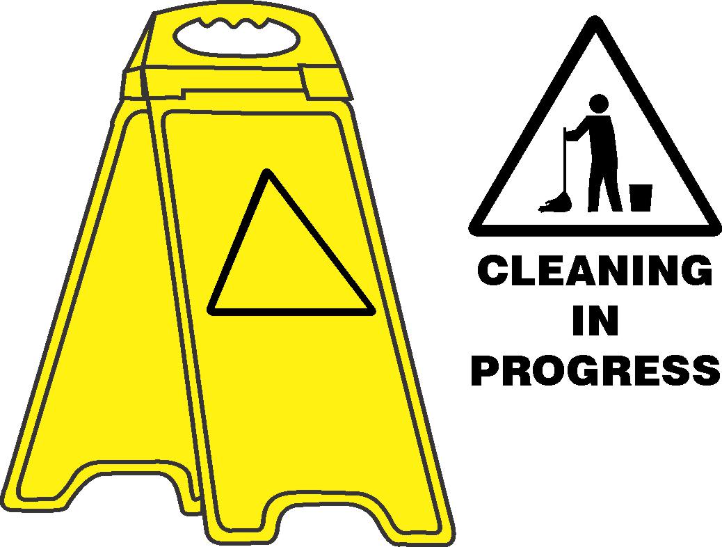 The YELLOW FLOOR STAND CLEANING IN PROGRESS displays a yellow caution triangle with a person mopping beside a bucket, warning passersby of cleaning activity.