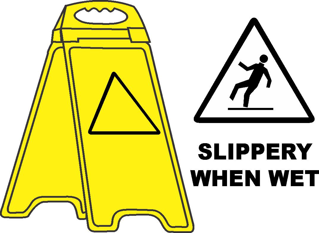 The YELLOW FLOOR STAND SLIPPERY WHEN WET is a double-sided 300x600mm yellow plastic stand featuring a black triangle with a slip warning symbol and text for high-visibility alerts in both directions.