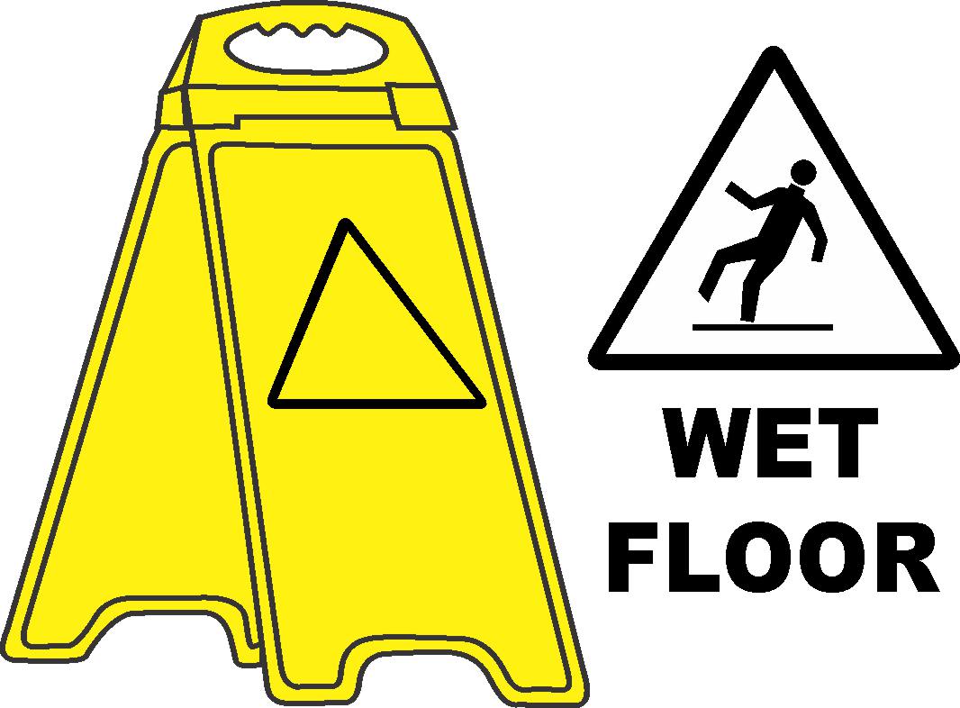 The YELLOW FLOOR STAND WET FLOOR is a yellow plastic, double-sided stand featuring a black triangle, "Wet Floor" warning, and slipping person icon, ensuring visibility and safety from both directions.