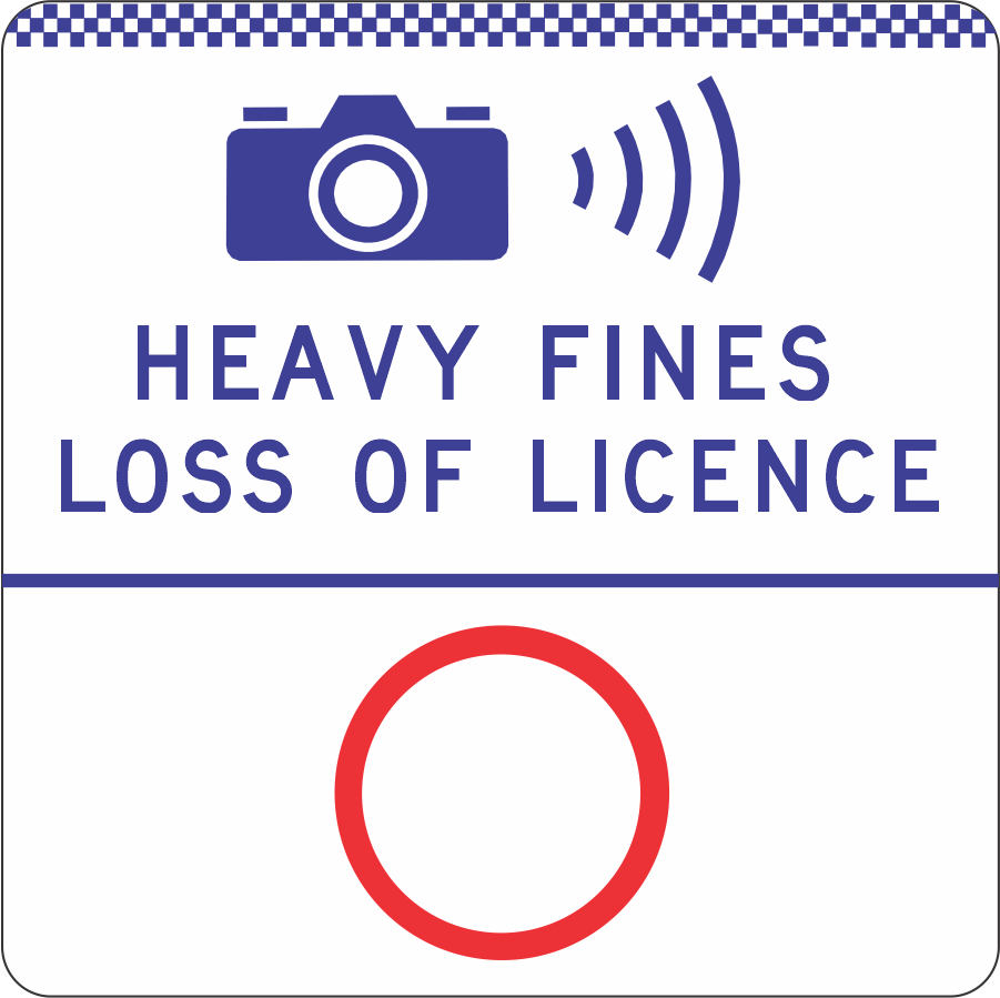The G6-329-1n sign features a camera icon, sound waves, and "HEAVY FINES LOSS OF LICENCE" in bold blue capitals, plus a thick red circle below (for speed limit) and a blue checkered top border.