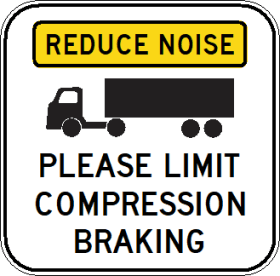 The G9-291n sign features a truck icon and displays "REDUCE NOISE" in yellow and "PLEASE LIMIT COMPRESSION BRAKING" in black text below.