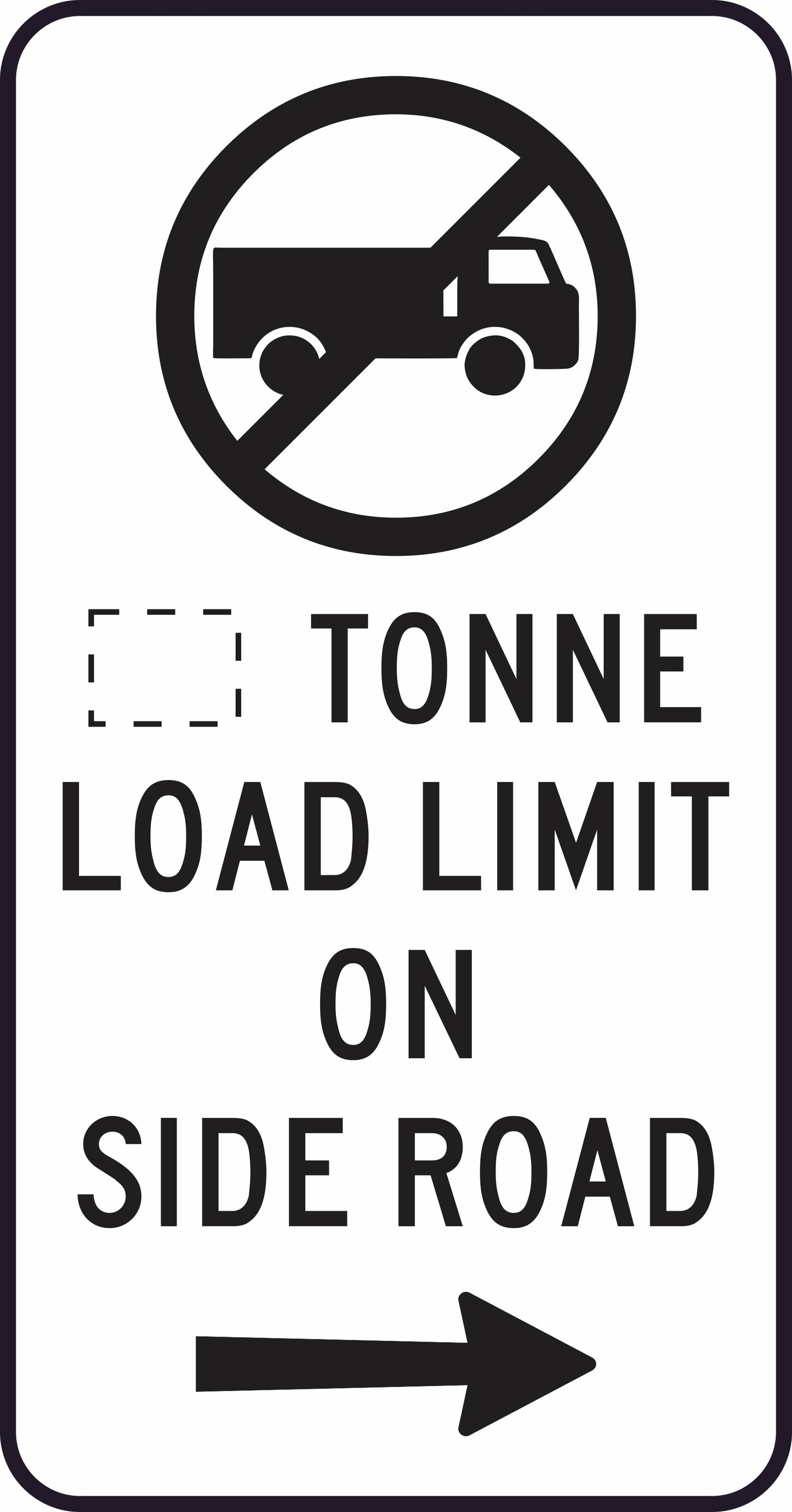 Black and white G9-321n(R) road sign with a truck inside a red prohibition circle, displaying "___ tonne load limit on side road" and a right arrow below to indicate the side road is on the right.