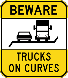 The G9-348n - Beware (symbol) Trucks On Curves sign features a yellow background with "BEWARE TRUCKS ON CURVES" and a symbol of a car and truck on a curved road.