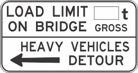 The G9-4(L) sign reads "LOAD LIMIT __t ON BRIDGE GROSS" above a line, with "HEAVY VEHICLES DETOUR" and a left-pointing arrow shown below.