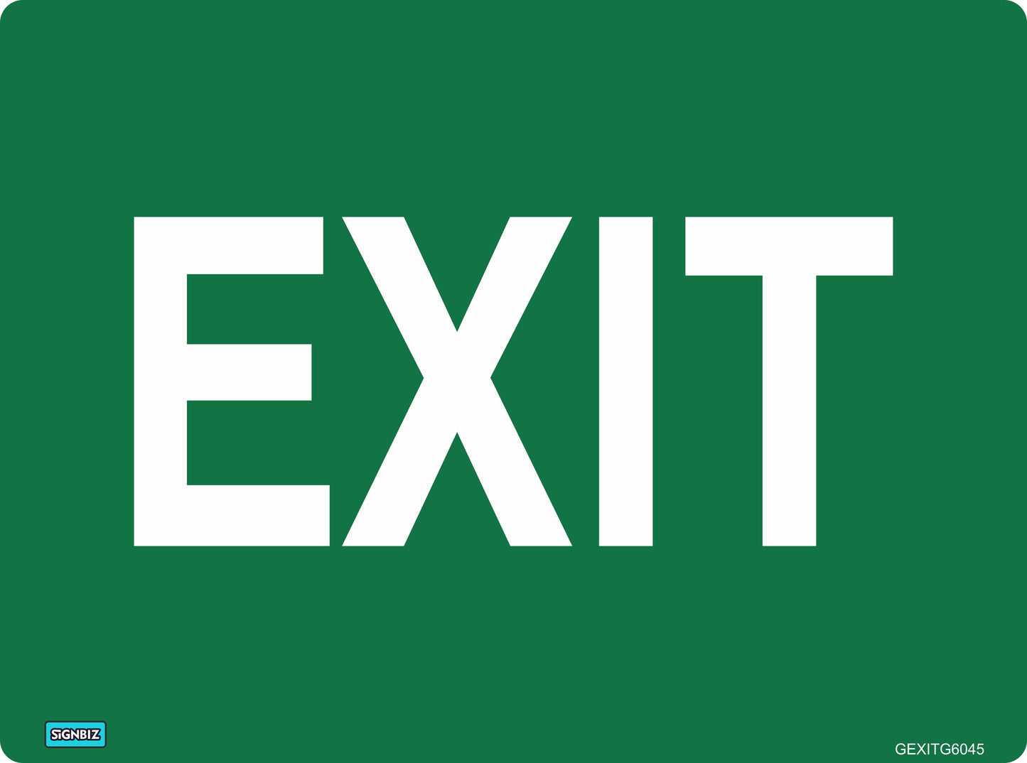 A green General Exit sign features “EXIT” in large, bold, white caps centered on it. AS/NZS 1319 compliant, it's ideal as an Australian safety sign. Corners display “SIGNBIZ” and product code "GEXITG6045" in small text.