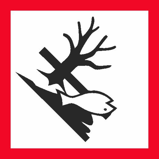 The DANGEROUS GOODS GHS DECAL ENVIRONMENTAL HAZARD features a black graphic of a dead tree and fish on sloped ground, set on a white background with a bold red border.