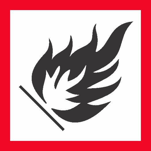 The DANGEROUS GOODS GHS DECAL FLAMMABLE features a black flame symbol tilted inside a white square with a red border, serving as a warning label for flammable materials.