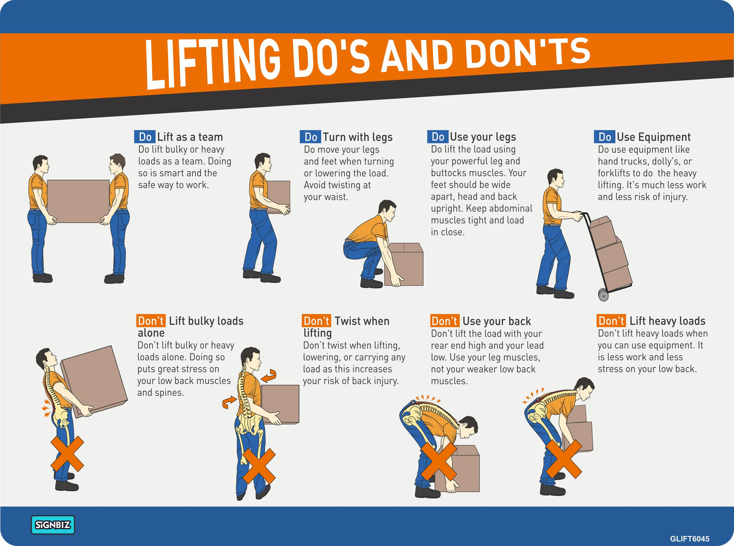 The "General Lifting Do & Do Not" guide features illustrated workers showing safe and unsafe lifting, with “Do” and “Don’t” tips following practices from Australian safety signs and compliant with AS/NZS 1319 workplace safety standards.