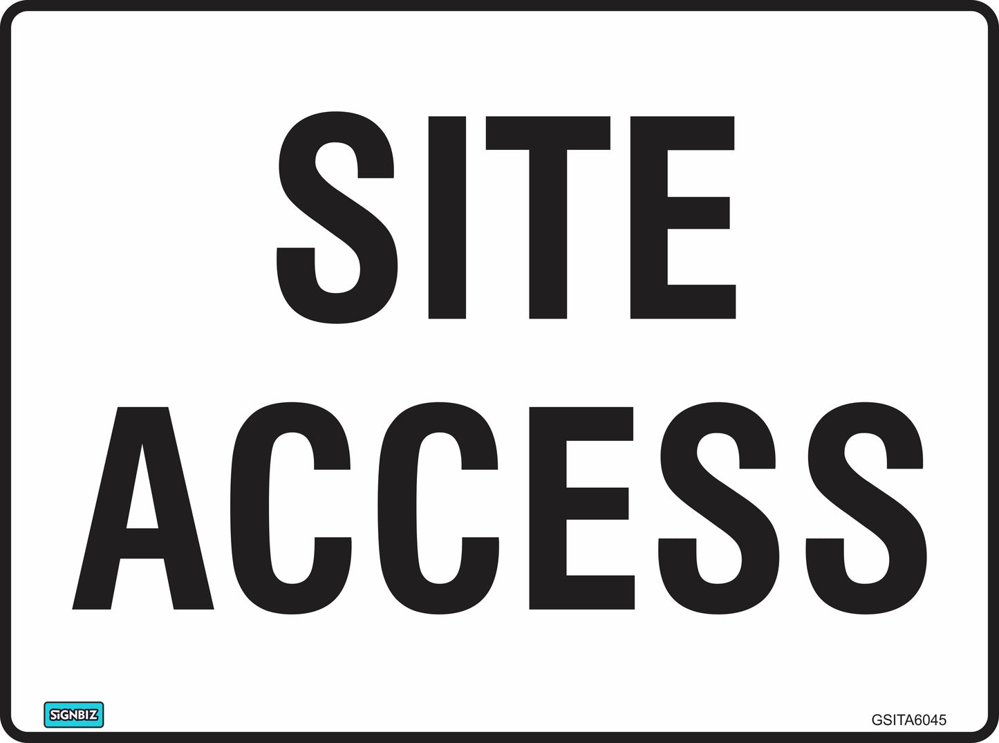 A rectangular sign with a white background and bold black "GENERAL SITE ACCESS" text, meeting AS/NZS 1319 standards for Australian safety signs, includes a small logo and product code in the lower left and right corners.