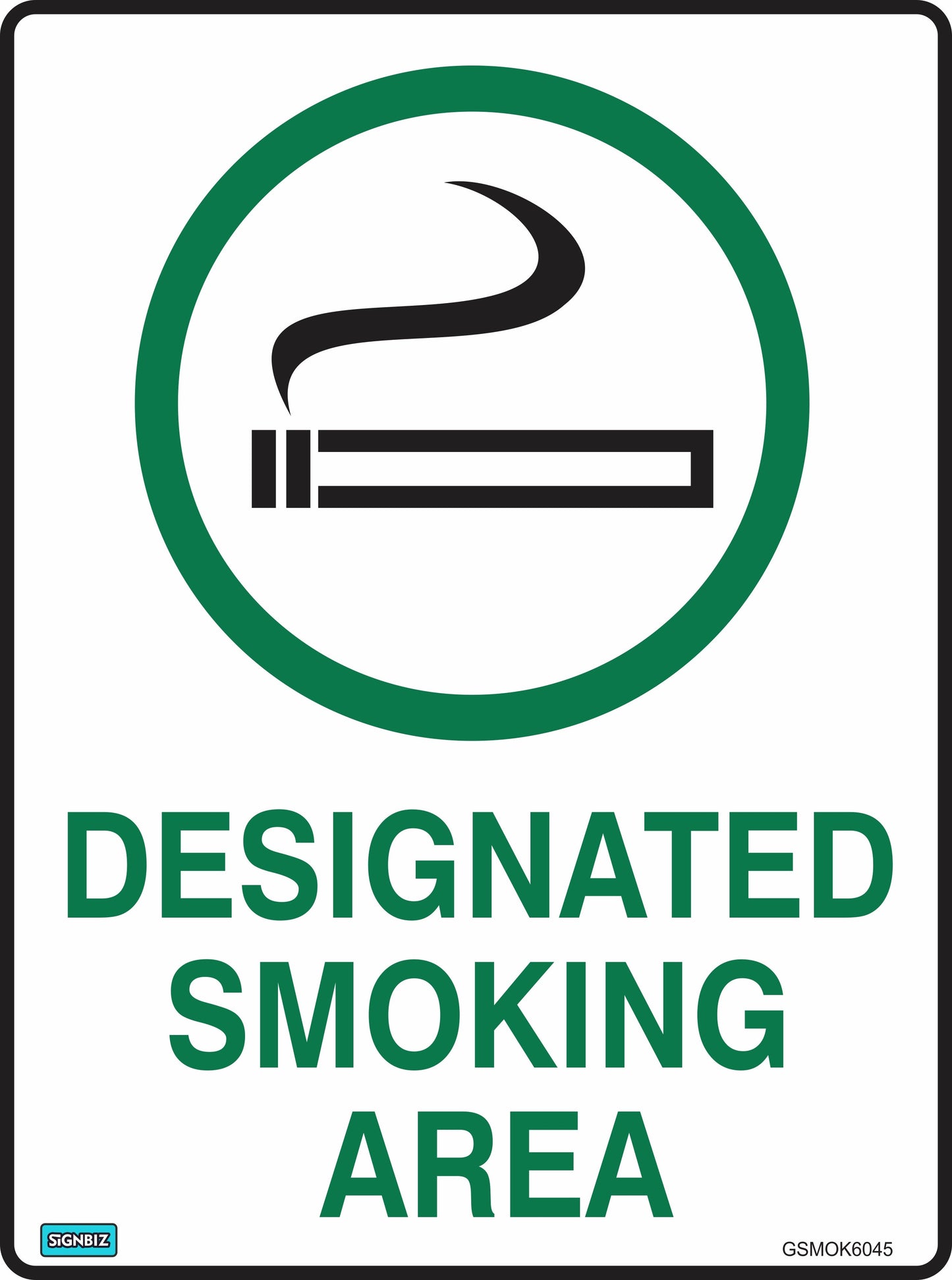A sign styled like Australian safety signs, featuring a black and white cigarette icon inside a green circle above "DESIGNATED SMOKING AREA" in green caps; the General Designated Smoking sign suits workplaces following AS/NZS 1319 standards.