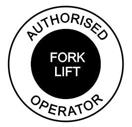 The AUTHORISED FORKLIFT OPERATOR HARD HAT DECAL 50mm is a circular badge featuring "AUTHORISED OPERATOR" around the edge, "FORK LIFT" in bold at the center, and a black circle with a black outline.