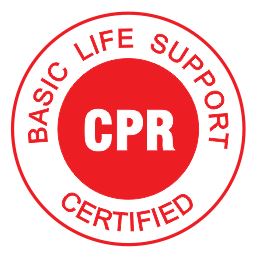 A 50mm round hard hat decal in red and white with "ERT BASIC LIFE SUPPORT" around the edge and "CPR" in bold at the center.
