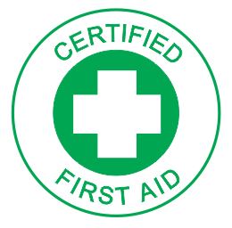The CERTIFIED FIRST AID HARD HAT DECAL 50mm is a green and white circular badge with a white cross in the center and "CERTIFIED FIRST AID" written around it.