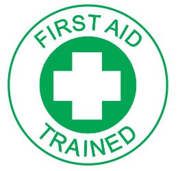 The ERT FIRST AID TRAINED HARD HAT DECAL 50mm is a green circular sticker featuring a white cross in the center and "FIRST AID TRAINED" in green capitals along the top and bottom edges.