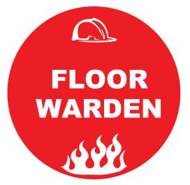 The FLOOR WARDEN HARD HAT DECAL 50mm features a red circle with a white hard hat icon at the top, bold “FLOOR WARDEN” text in the center, and a flames icon at the bottom.