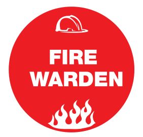 The FIRE WARDEN MOTIF HARD HAT DECAL 50mm features a red circle, white hard hat icon on top, bold "FIRE WARDEN" text in the center, and a white flame graphic at the bottom.