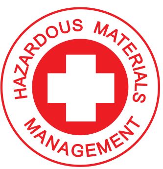 The ERT HAZMAT MANAGEMENT HARD HAT DECAL 50mm features a red and white circular logo with a central white cross, surrounded by “Hazardous Materials Management” in red capital letters.