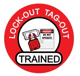 The LOCK OUT TAG OUT TRAINED HARD HAT DECAL 50mm is a circular badge featuring "LOCK-OUT TAG-OUT TRAINED" text, a red padlock, a key, and a central "DO NOT OPERATE" danger tag.