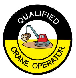 The QUALIFIED CRANE OPERATOR HARD HAT DECAL 50mm features a circular design with "QUALIFIED CRANE OPERATOR" on the edge, a red crane lifting logs in the center, a black top half, and yellow bottom half.