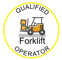 The QUALIFIED FORKLIFT OPERATOR HARD HAT DECAL 50mm features a yellow and black forklift with two boxes inside a yellow circle, encircled by the words "QUALIFIED Forklift OPERATOR.