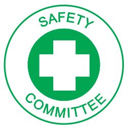 The SAFETY COMMITTEE HARD HAT DECAL 50mm features a green and white circular logo with a central white cross and "SAFETY COMMITTEE" written in green around the cross within the outer circle.
