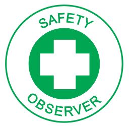 The SAFETY OBSERVER HARD HAT DECAL 50mm features a green and white circular badge with a white cross in a green circle at the center, and "SAFETY OBSERVER" written around the cross inside a green ring.