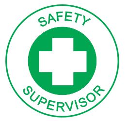 The SAFETY SUPERVISOR HARD HAT DECAL 50mm features a green circular badge with a white cross at the center, surrounded by "SAFETY SUPERVISOR" in green text.