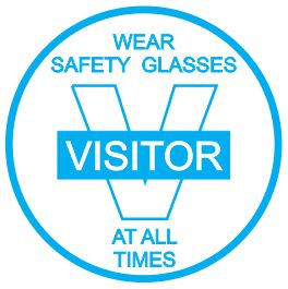 The VISITOR WEAR S/GLASSES HARD HAT DECAL 50mm is a blue circular decal displaying a large "V" and "VISITOR," with "WEAR SAFETY GLASSES" above and "AT ALL TIMES" below the wording.