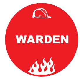 The WARDEN HARD HAT DECAL 50mm features a red circular design with a white safety helmet icon at the top, bold "WARDEN" in white at the center, and a white flame icon at the bottom.