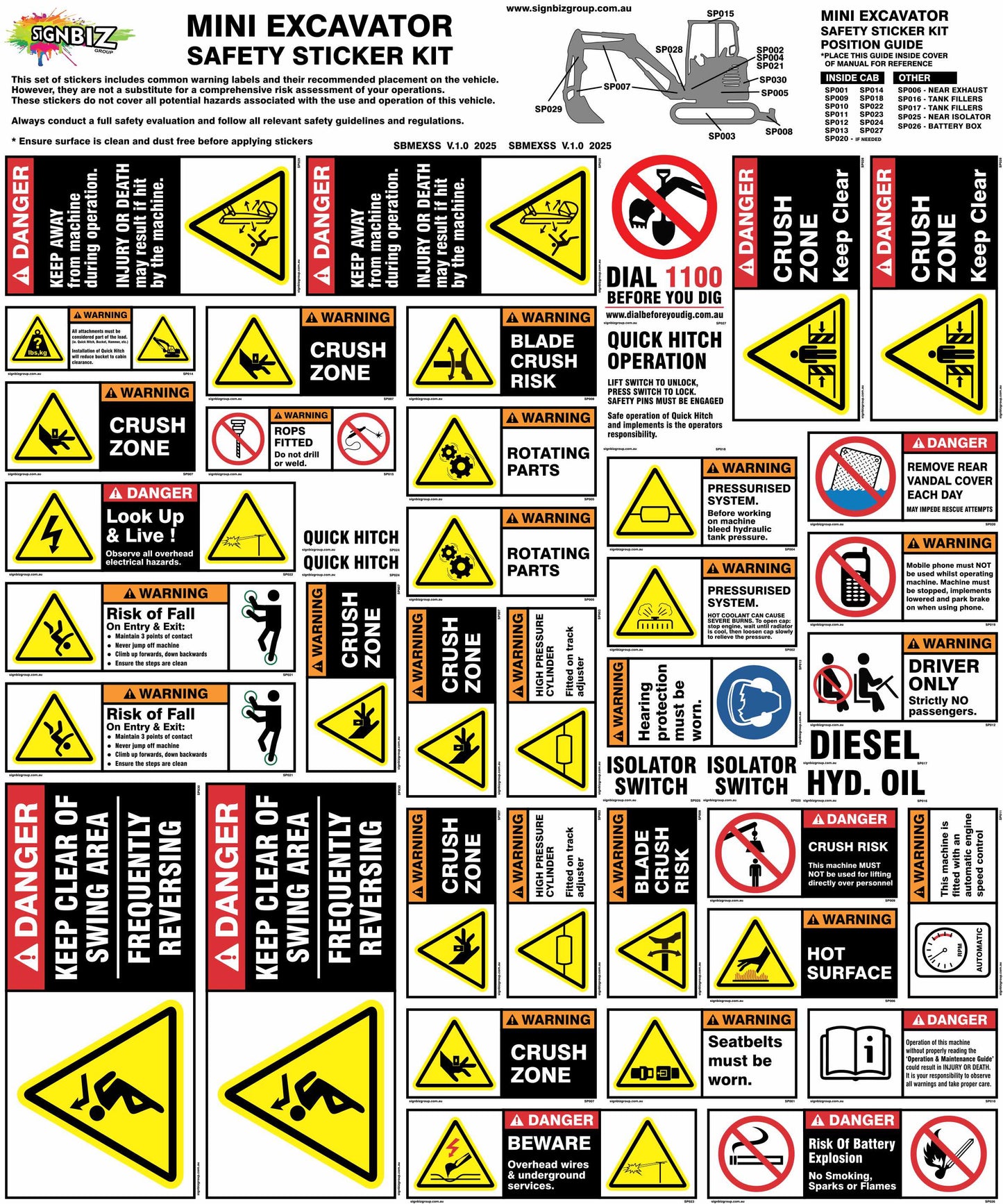 The Sticker Kit - Mini Excavator (<8t) includes yellow, red, and black safety labels with warning icons, symbols, and danger text for crush zones, moving parts, tipping hazards, and fluid safety.